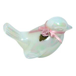 Fenton Handmade Iridescent Glass Bird Figurine Pink Ribbon & Rose Accent Vintage